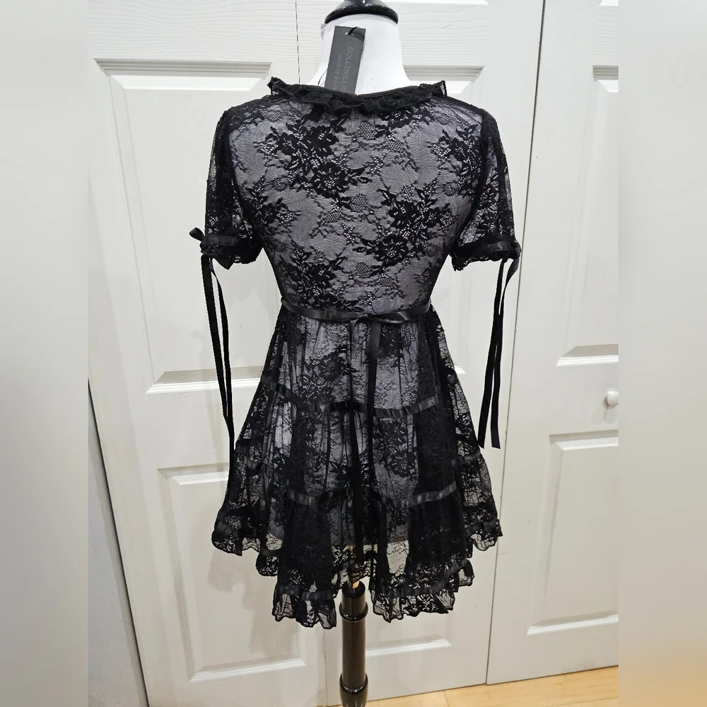 Dolls Kill Sexy Goth Lace House On The Hill Little Black Babydoll Mini Dress S - Picture 6 of 14